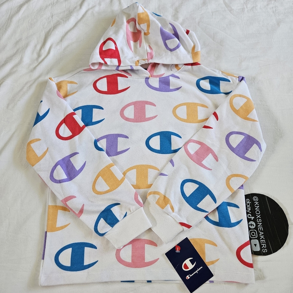 Champion BIG C Logo All Over Print Hoodie Sweatshirt Kids Size Medium 10/12